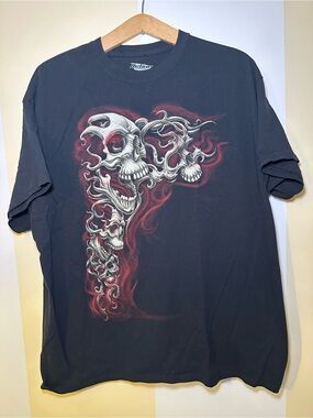 Action Apparel Mens XL Skulls Graphic T-Shirt Black Flame Biker Punk Tee